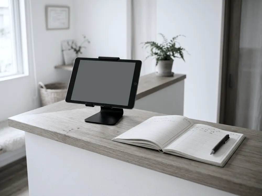 受付カウンターに置かれたタブレットと予約台帳